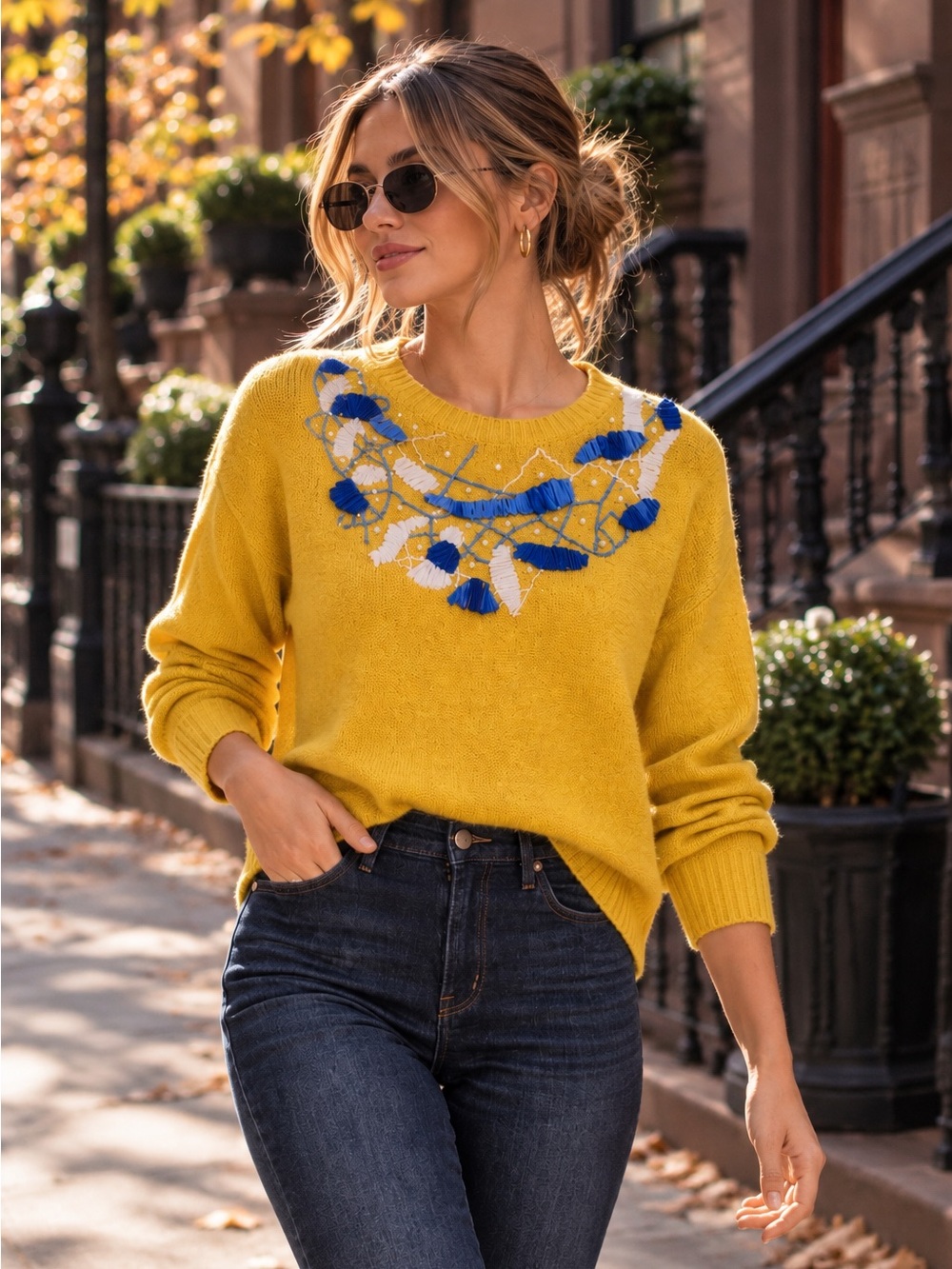 Yellow Embroidered Pearl Detail Sweater – Statement Knit Top